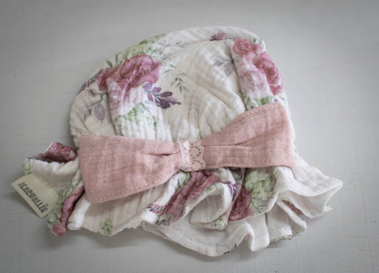 Illustrated Watercolor Rose Muslin Baby Hat