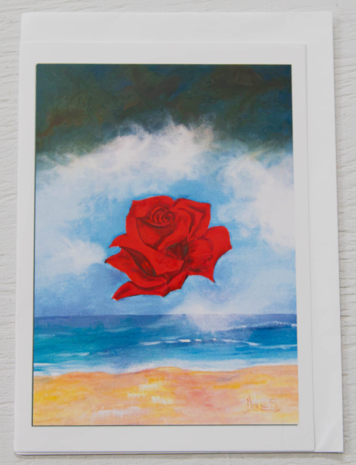 Floating Red Rose Beach Landscape Card