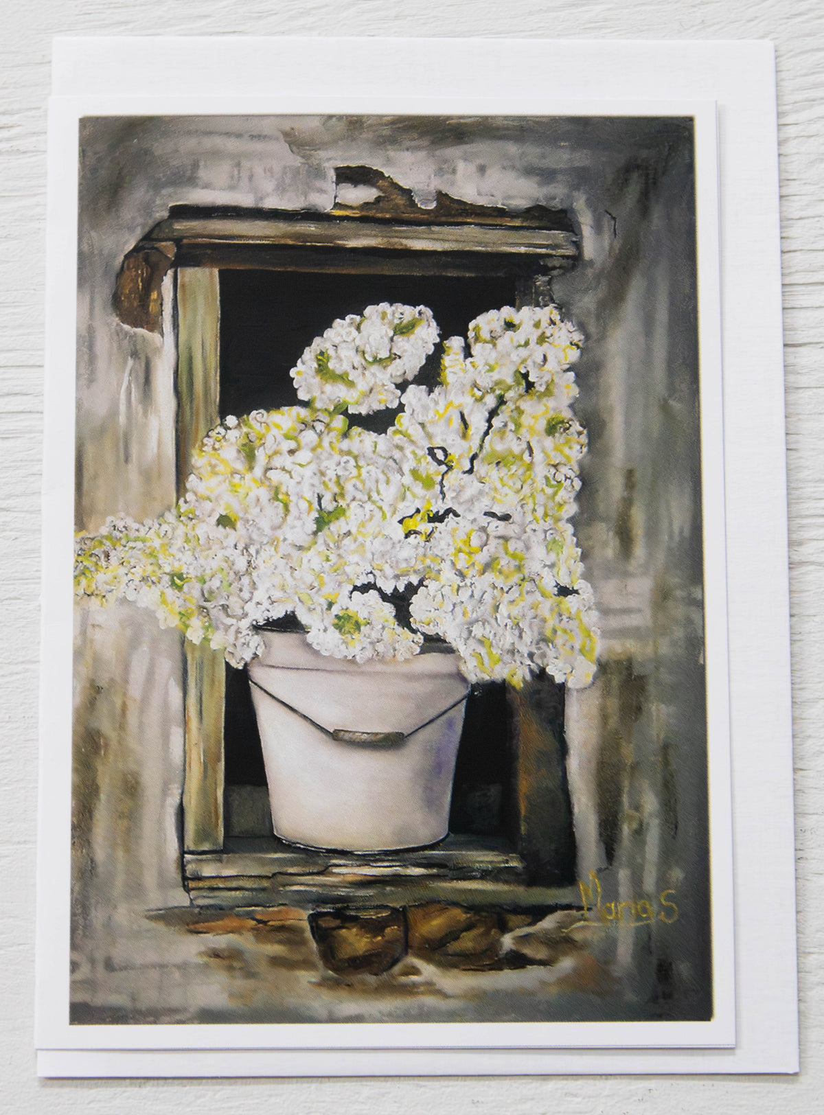 Rustic Window Bucket of White Flowers Art Card