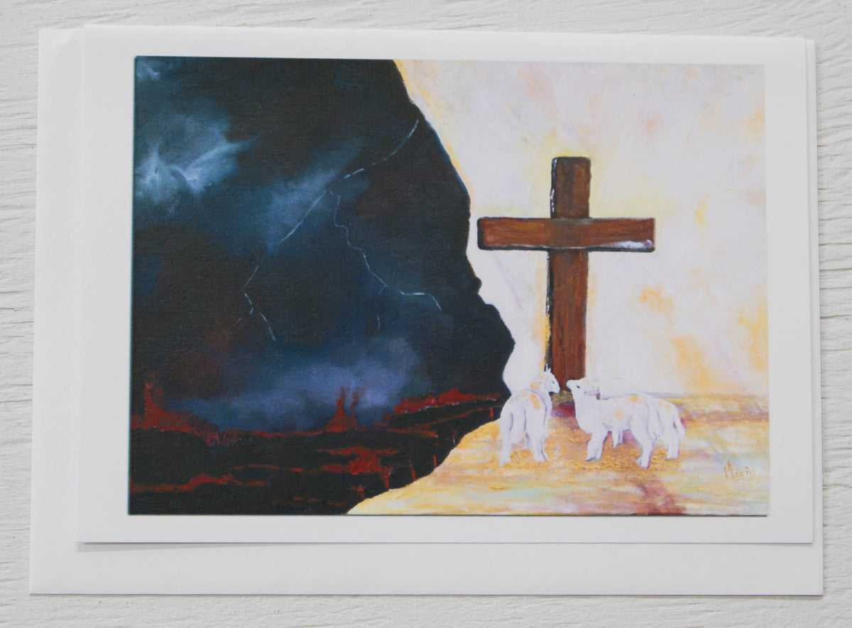 Christian Cross & Lambs Religious Art Card