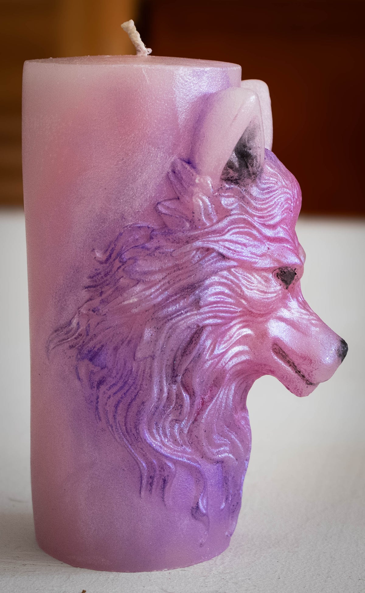 Embossed Wolf Head Pillar Candle — Magenta & Amethyst Purple