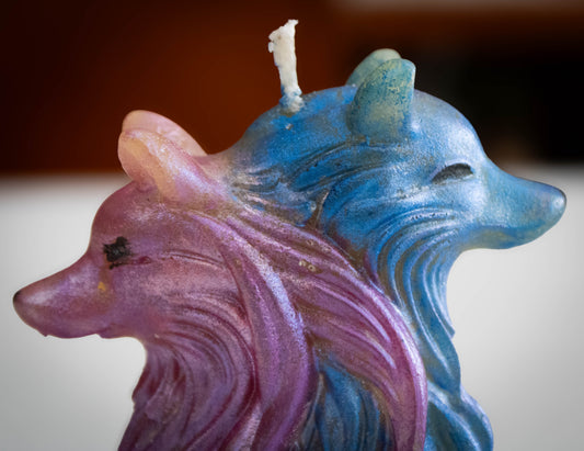 Sculptural Twin Wolves Candle — Cosmic Pink & Sapphire Blue