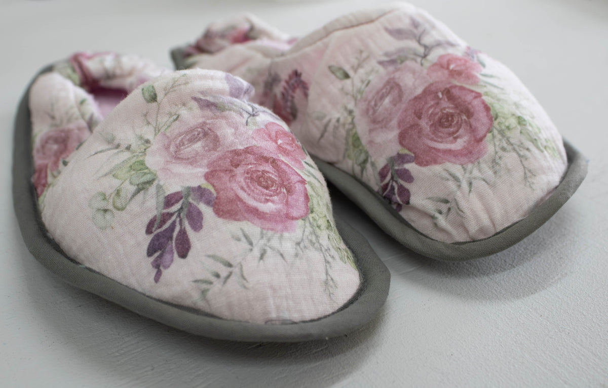 Illustrated Watercolor Rose Muslin Slippers