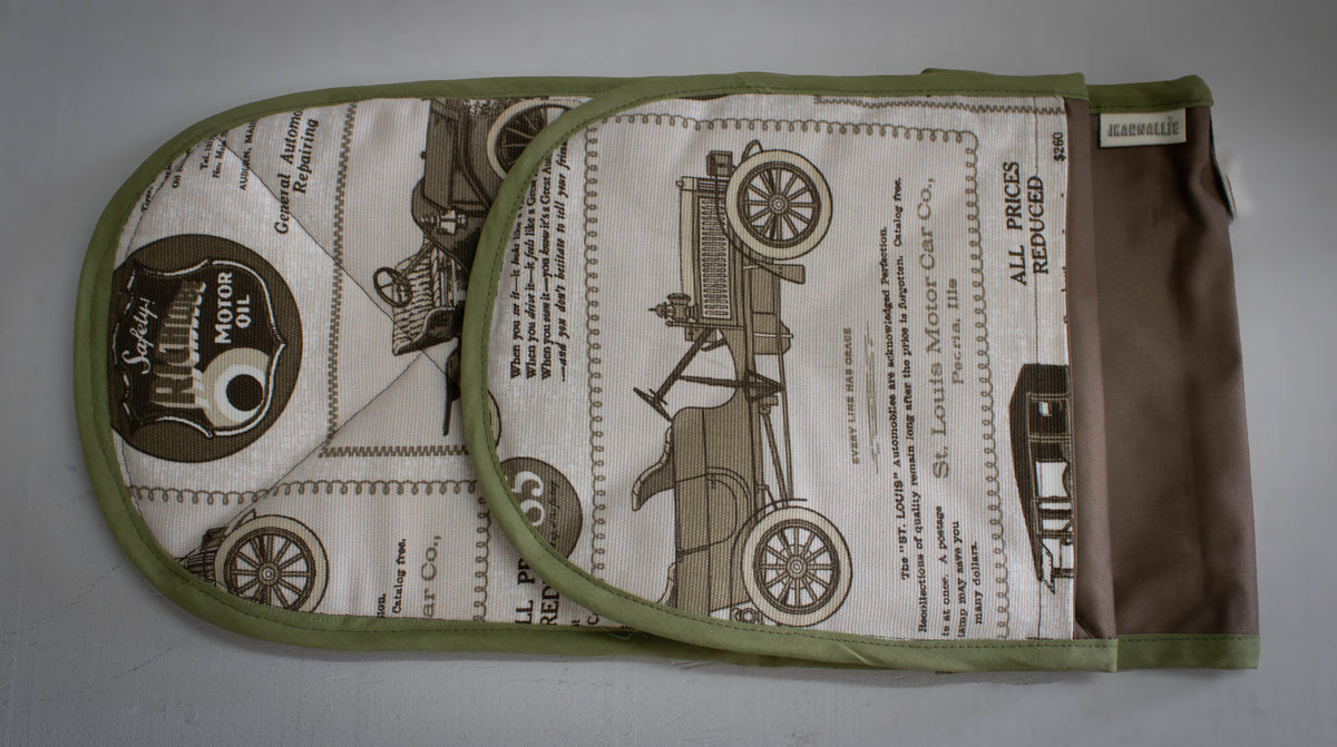 Vintage Car Print Quilted Oven Mitts