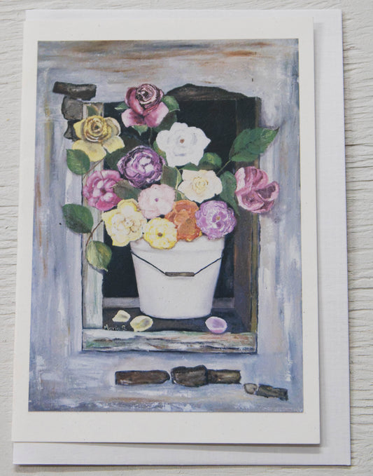 Rustic Window Bucket of Roses Art Card