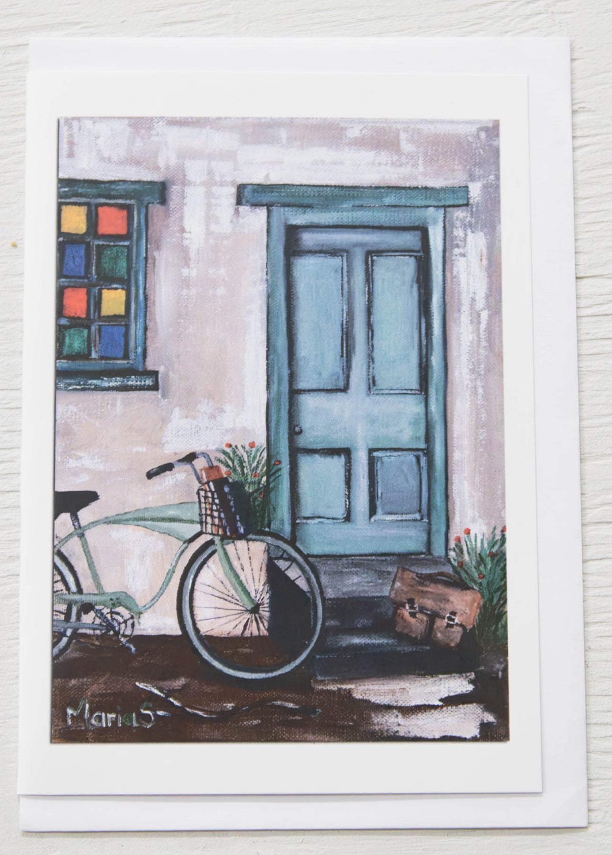 Vintage Bicycle & Cottage Blue Door Art Card
