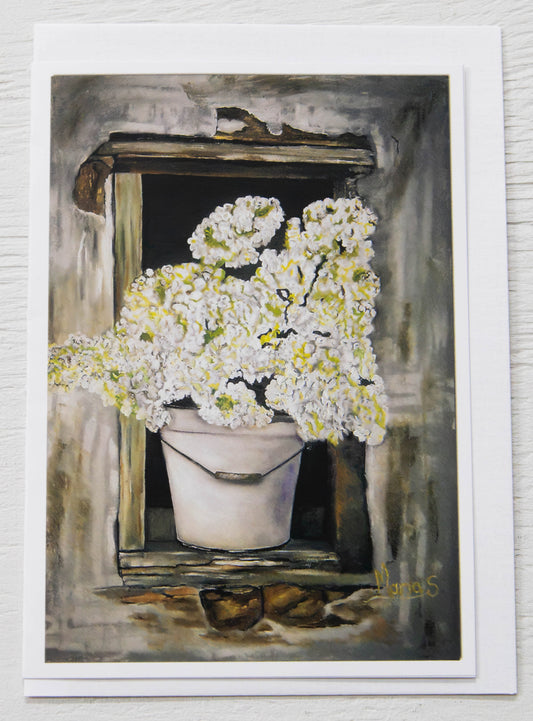 Rustic Window Bucket of White Flowers Art Card