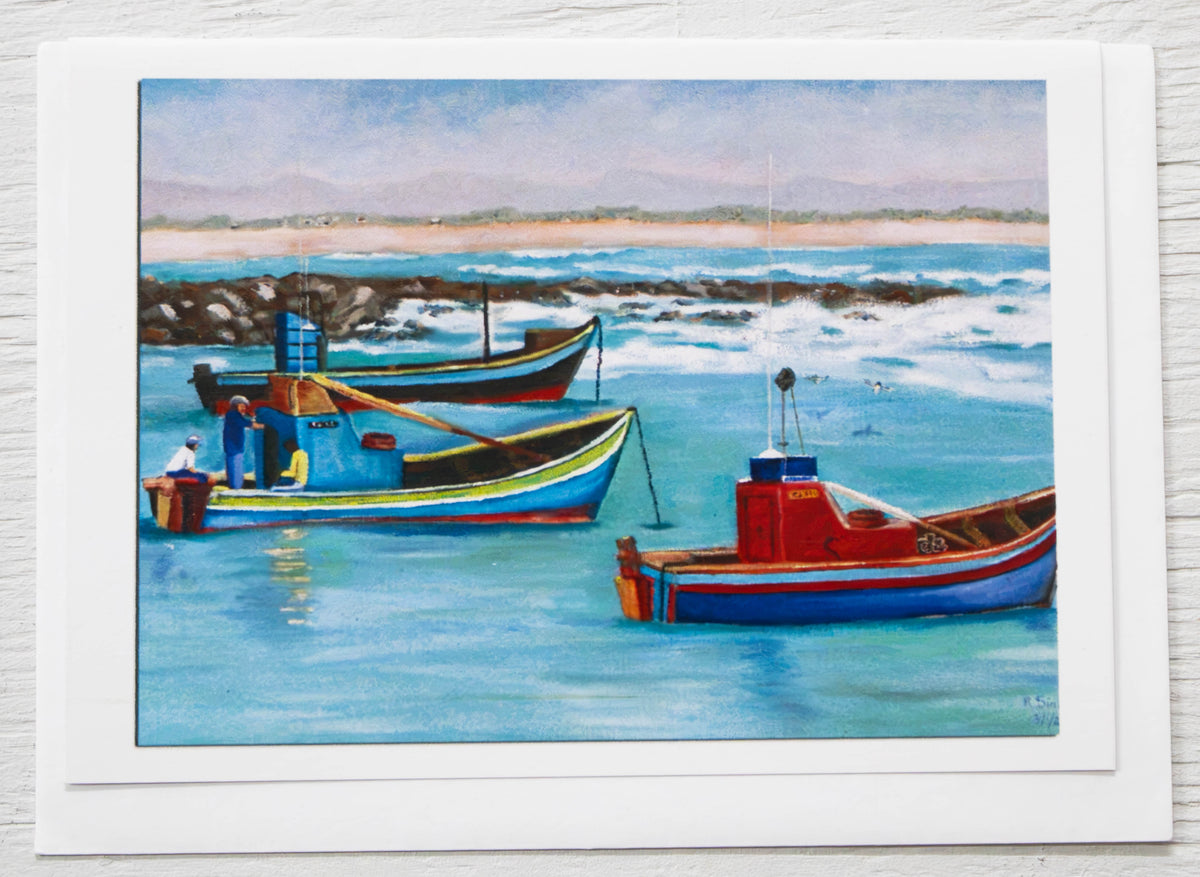 Colorful Fishing Boats Ocean Seascape Art Card