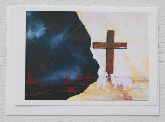 Christian Cross & Lambs Religious Art Card
