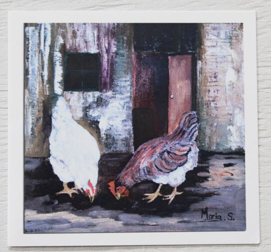 Mini Hens Barnyard Foraging Art Card