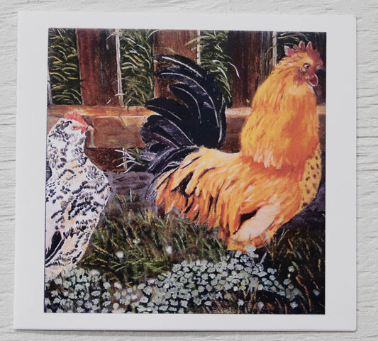 Mini Rooster & Hen Farmyard Art Card