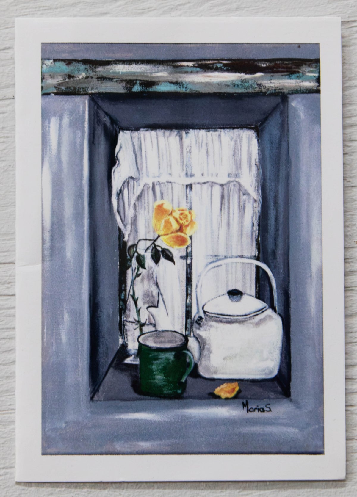 Mini Vintage Kettle & Yellow Rose Art Card