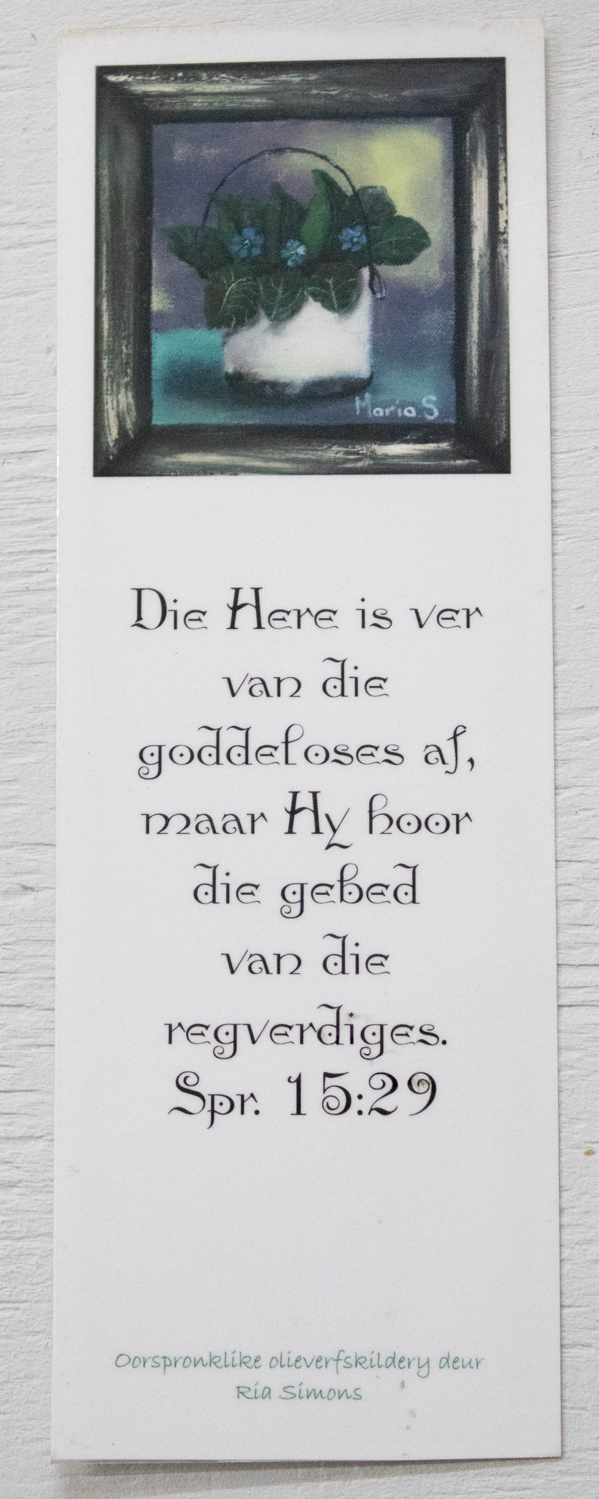 Afrikaans Scripture Art Bookmark — Small Blue Flowers Still Life