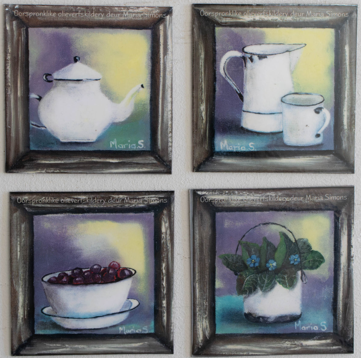 Rustic Still Life Fridge Magnets — 4-Piece Wood-Frame Art Set