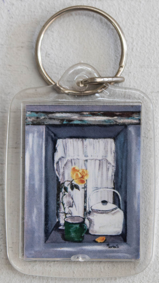 Cozy Cottage Window Kettle & Rose Keychain