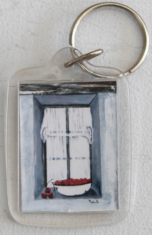 Cozy Cottage Window with Cherries Keychain