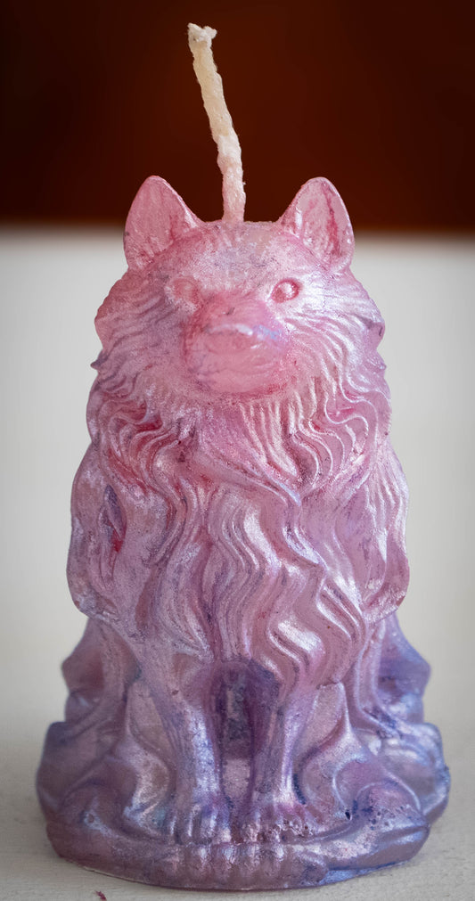 Hand-Poured Sitting Wolf Sculptural Candle — Pastel Pink & Lavender