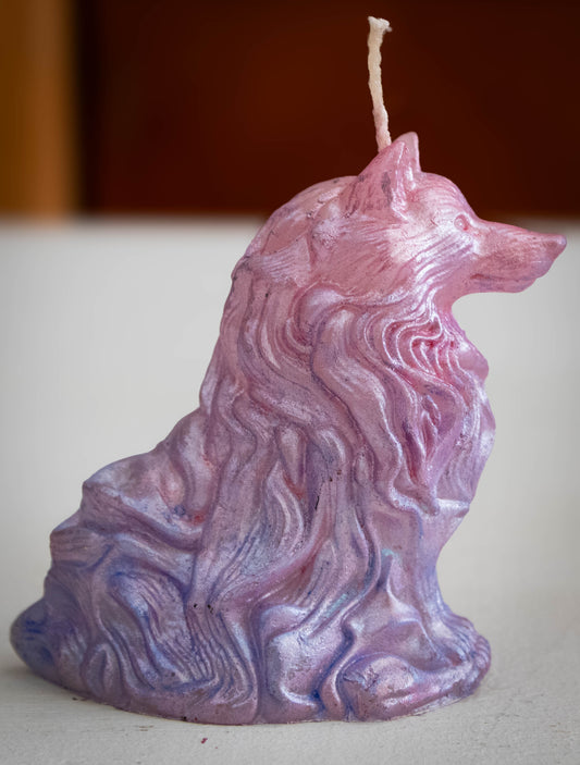 Hand-Poured Sitting Wolf Sculptural Candle — Pastel Pink & Lavender