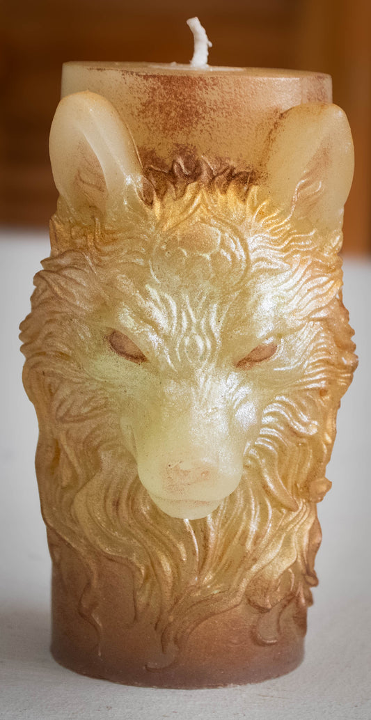 Embossed Wolf Head Pillar Candle — Frost & Bronze Accent