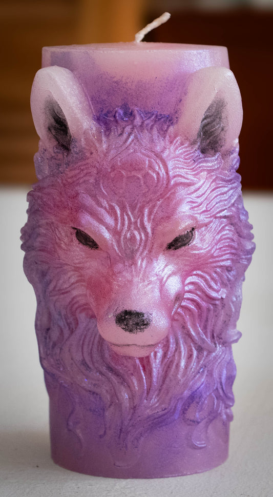 Embossed Wolf Head Pillar Candle — Magenta & Amethyst Purple