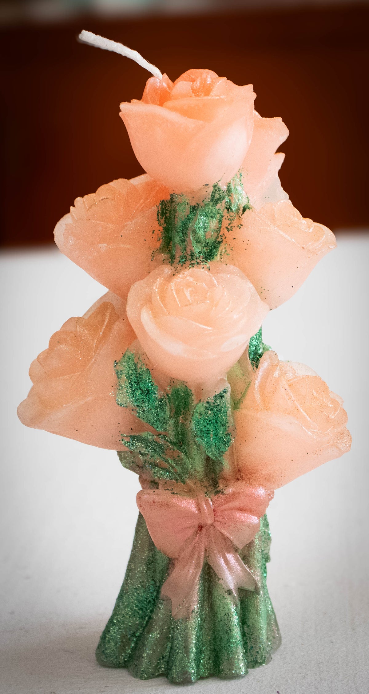Sculptural Peach Rose Bouquet Candle — Glitter & Bow Accent