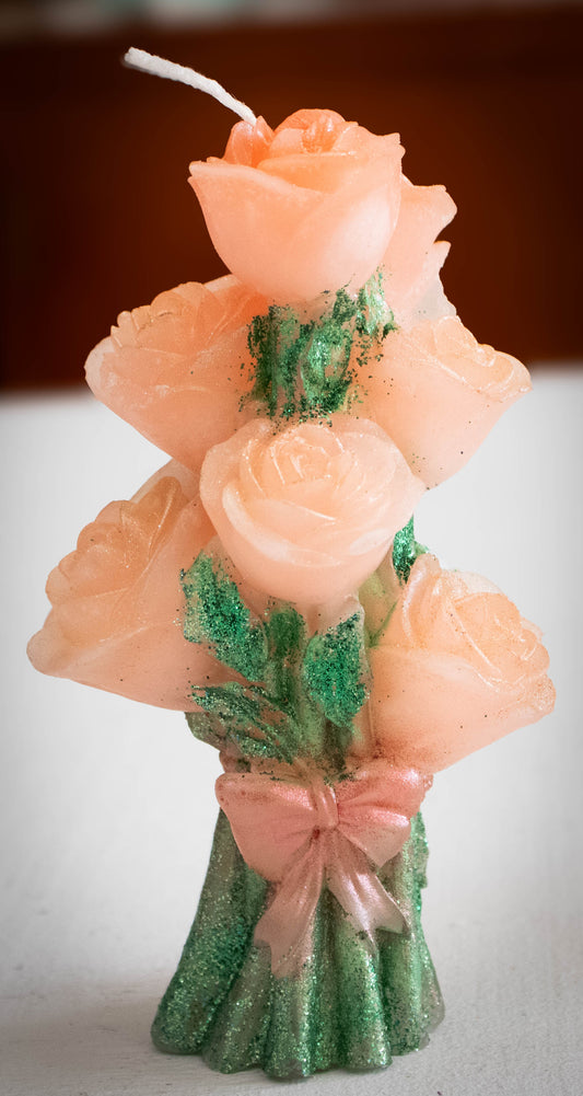 Sculptural Peach Rose Bouquet Candle — Glitter & Bow Accent