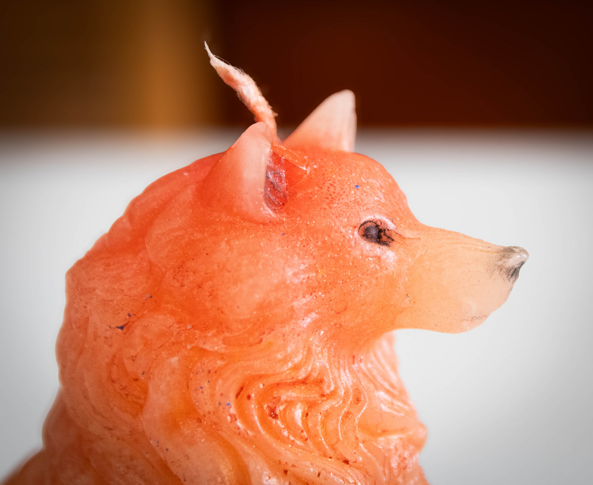 Hand-Poured Sitting Wolf Sculptural Candle — Coral Pink & Amber