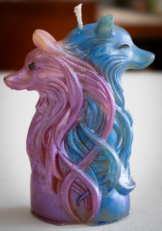 Sculptural Twin Wolves Candle — Cosmic Pink & Sapphire Blue
